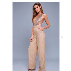 Lulus Disco Heaven Jumpsuit S Beige Sequin Wide Leg NWT New Year's Eve Cocktail